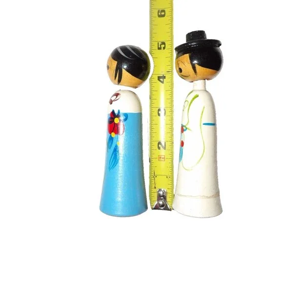 Korean Wooden Kokeshi Dolls Wedding Bride Groom Bobble Head Vintage Blue White - Picture 8 of 8